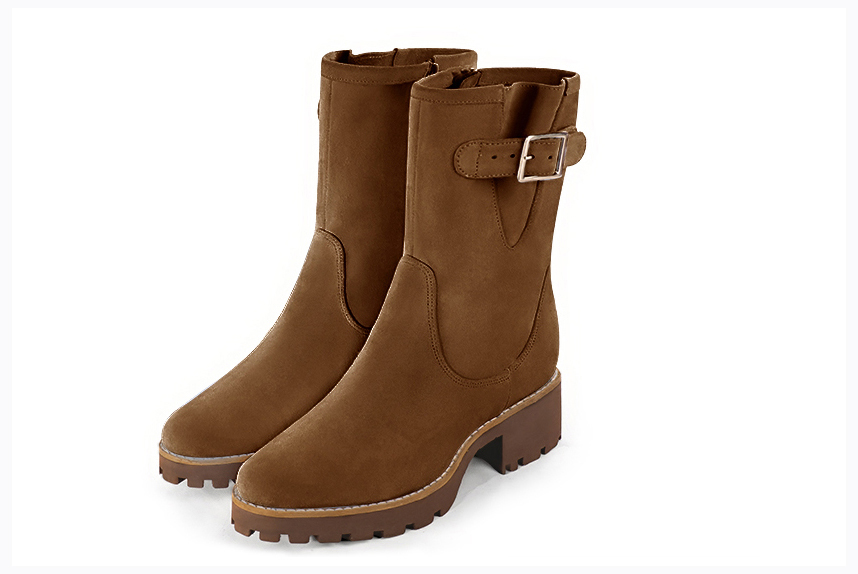 Caramel brown women's booties, with buckles on the sides. Round toe. Low rubber soles - Florence KOOIJMAN